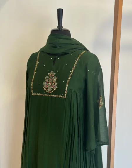 Ekaya - Bottle Green Motif Mul Chanderi Kurta Set